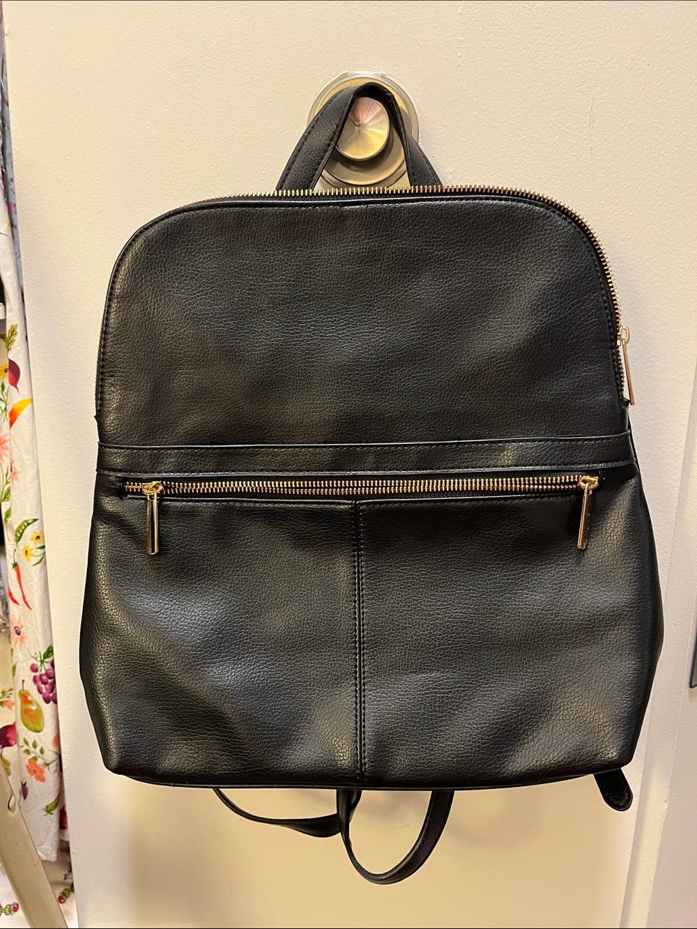 Sleek Black Faux Leather Backpack with Gold Zippers